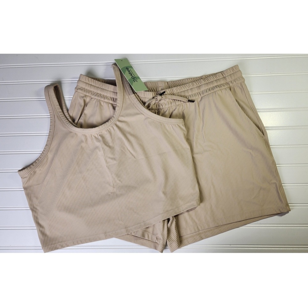 G4Free Lounge Set Women 2XL Tan Ribbed Tank Top and Drawstring Shorts 2 Piece
